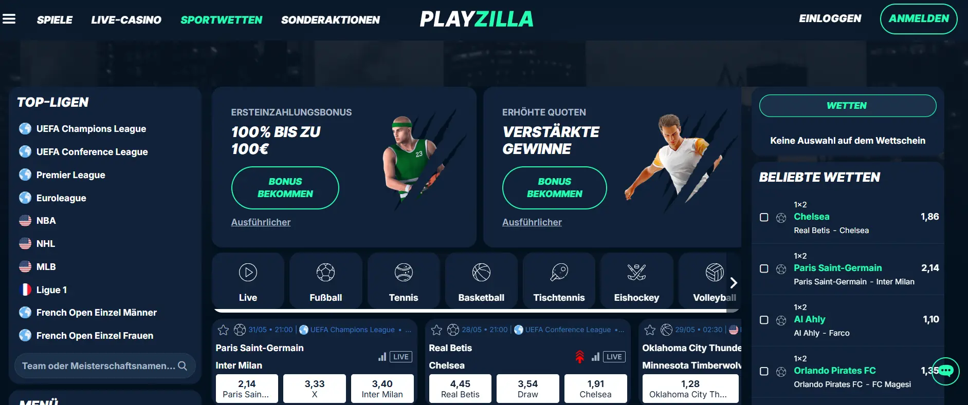 Startseite des ausländischen Wettanbieters PlayZilla