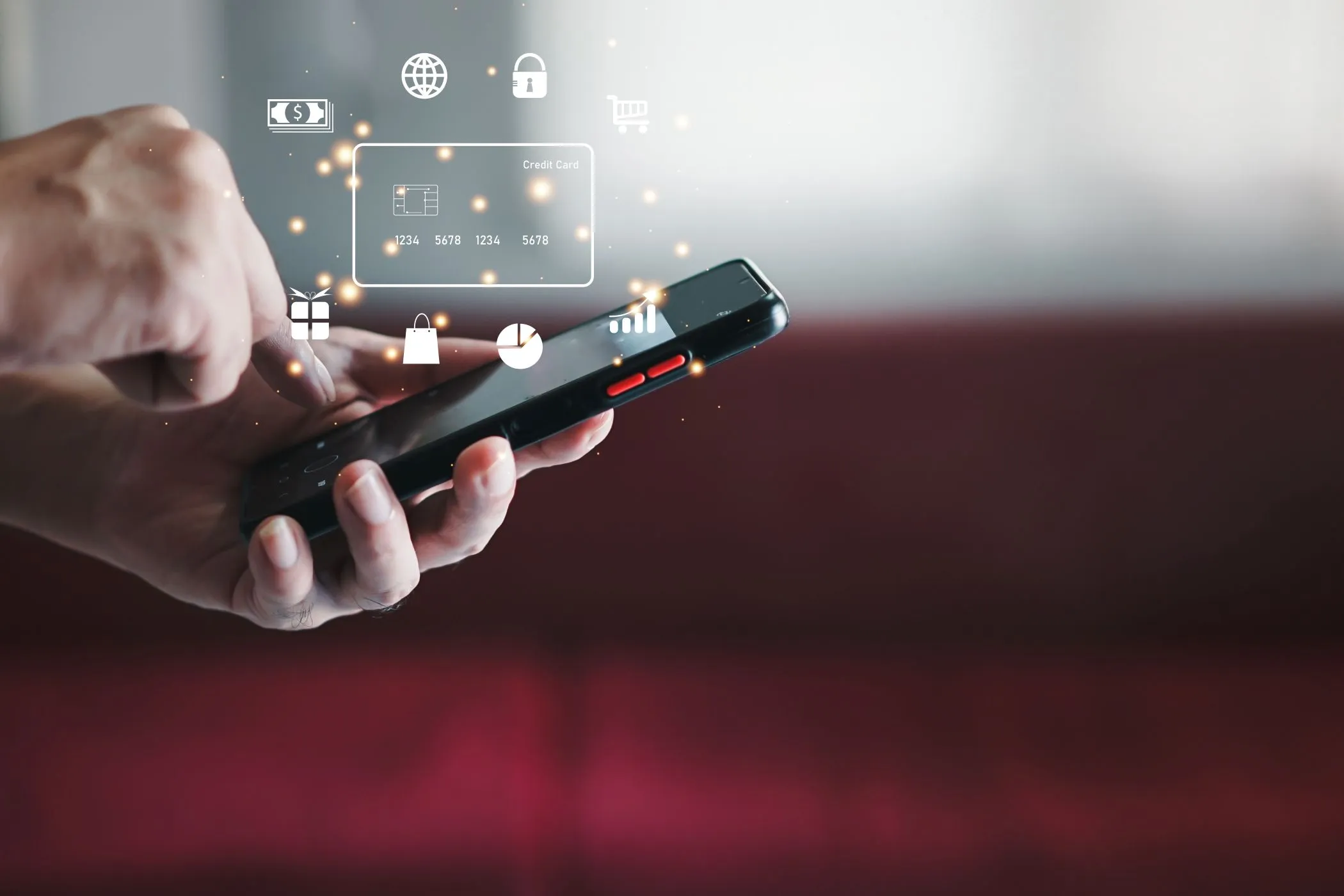 Person tippt auf einem Smartphone und darauf sind verschiedene Zeichen für Zahlungsabläufe zu sehen