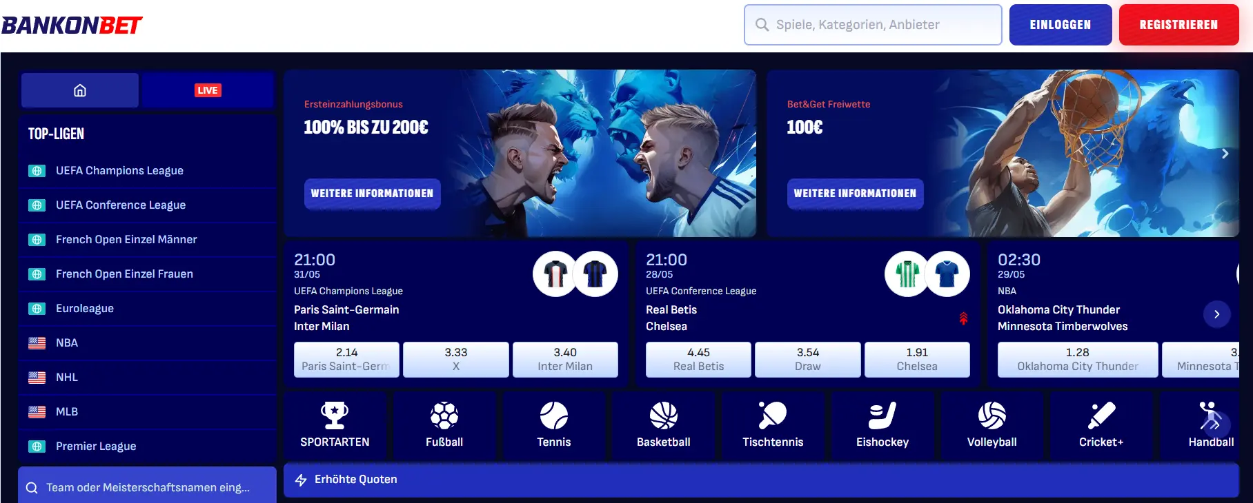 Startseite vom ausländischen Sportwetten Anbieter Bankonbet