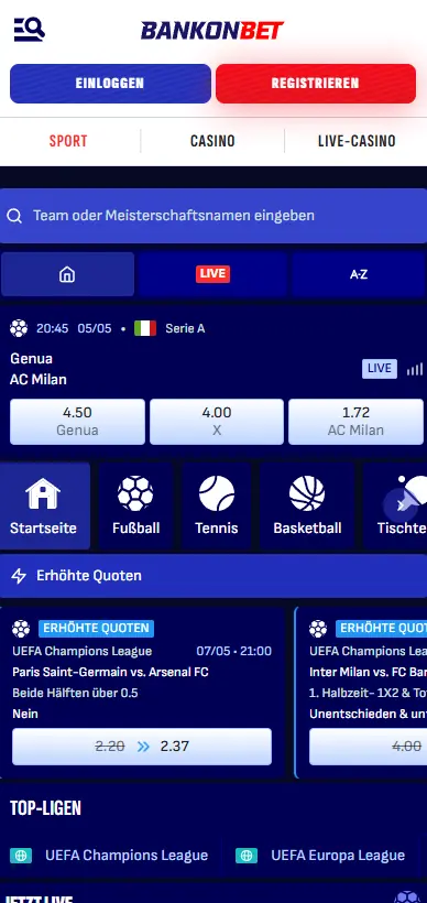 Mobilversion der Bankonbet-Website als Alternative zur App