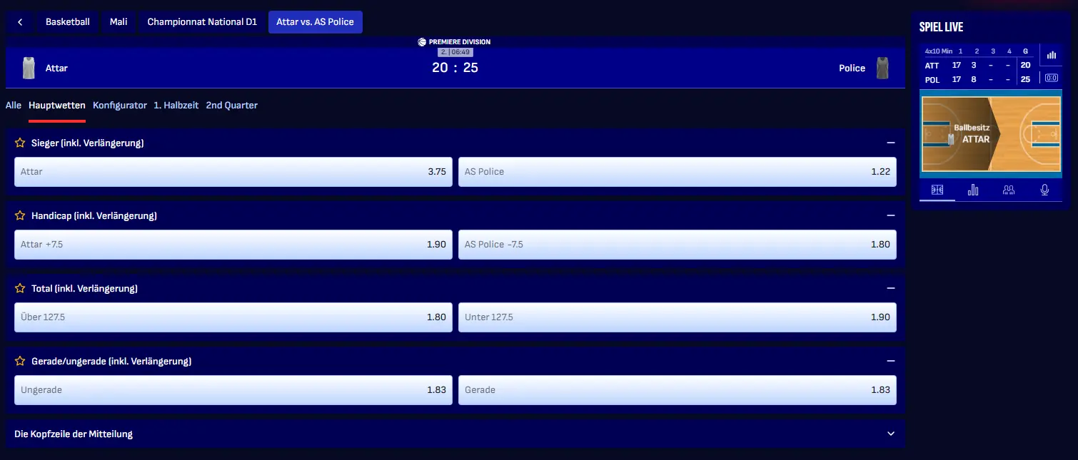 Livewetten-Konsole bei Bankonbet