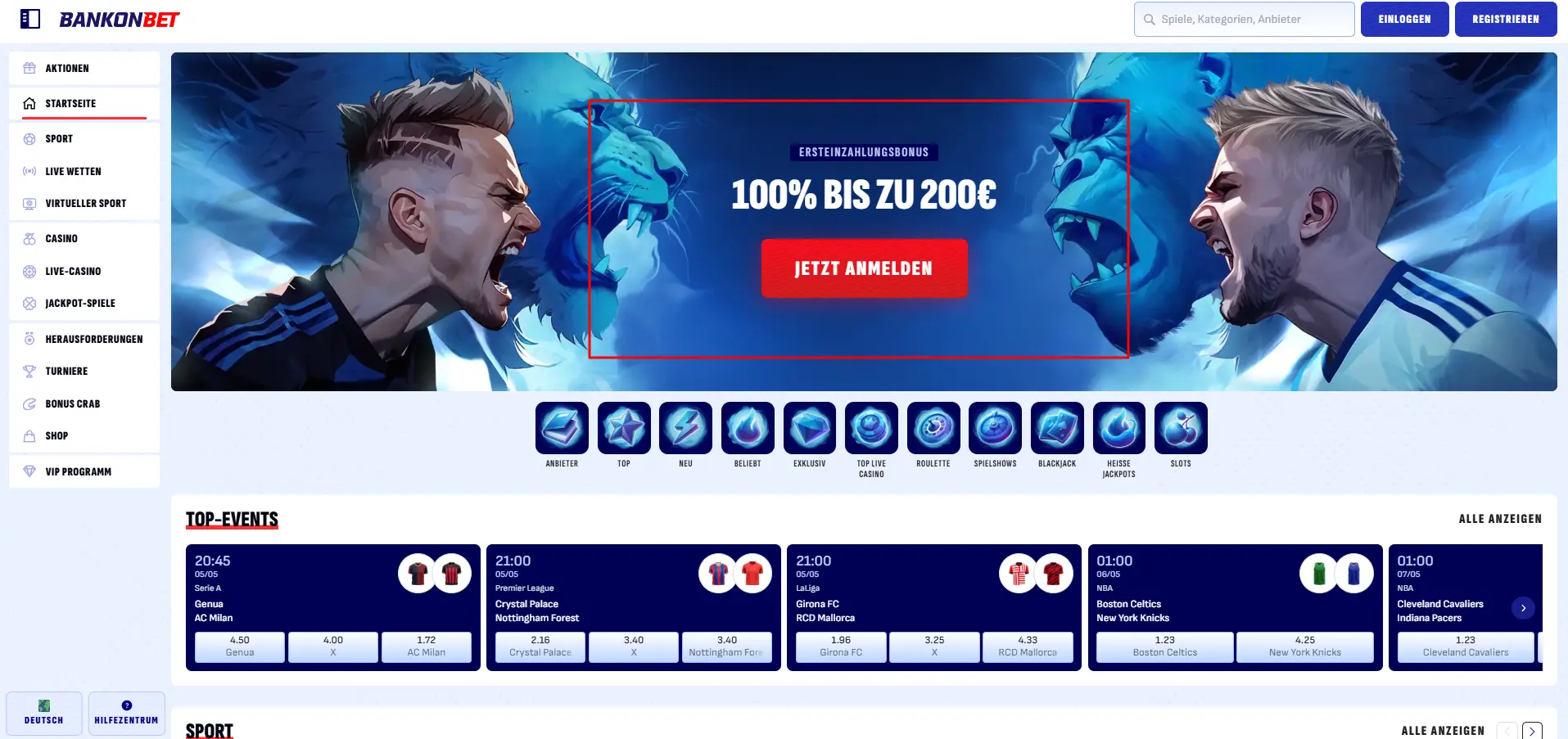 Bankonbet-Startseite zur Registrierung bei dem Wettanbieter