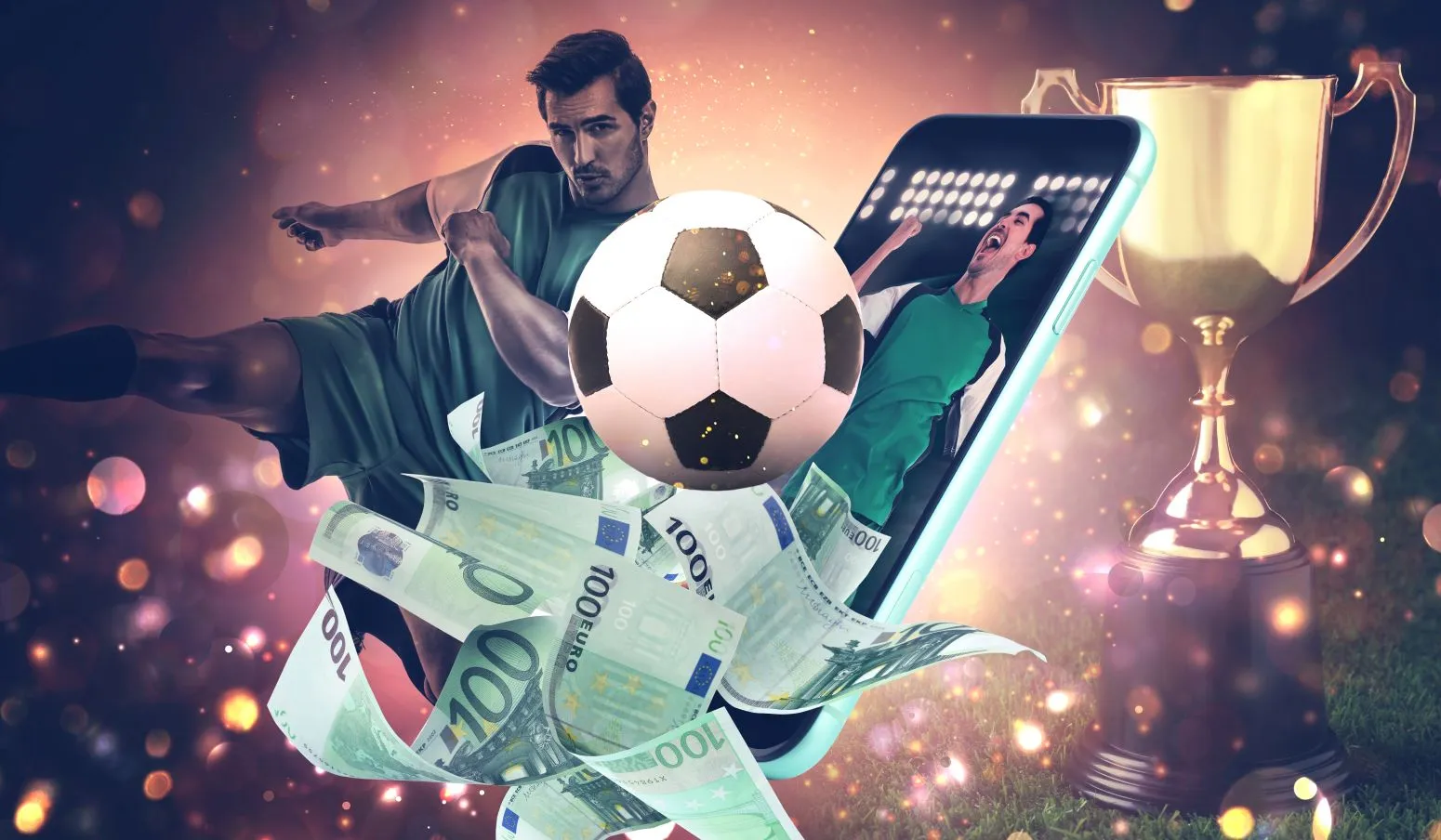 Smartphone, Fußballer, Geld, Fußball und Trophäe als Symbole für den besten Wettbonus bei Wettanbietern
