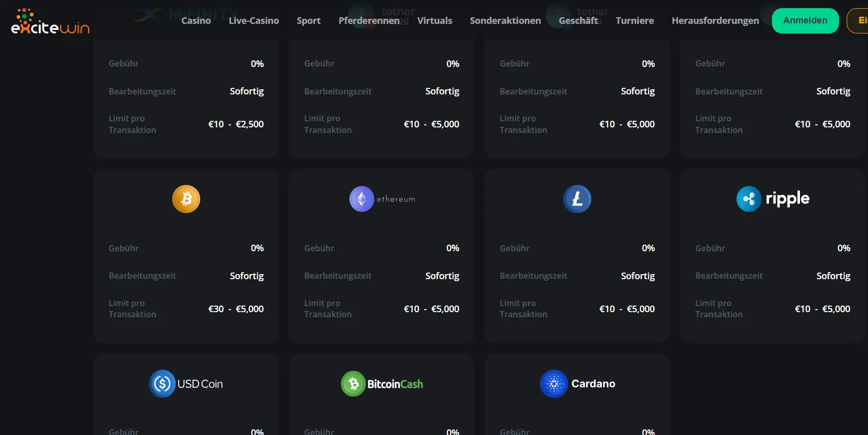 Zahlungsoptionen beim Krypto Wettanbieter ExciteWin