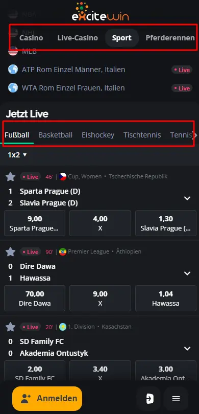Mobilversion von der Website vom Wettanbieter ExciteWin als Ersatz für eine App
