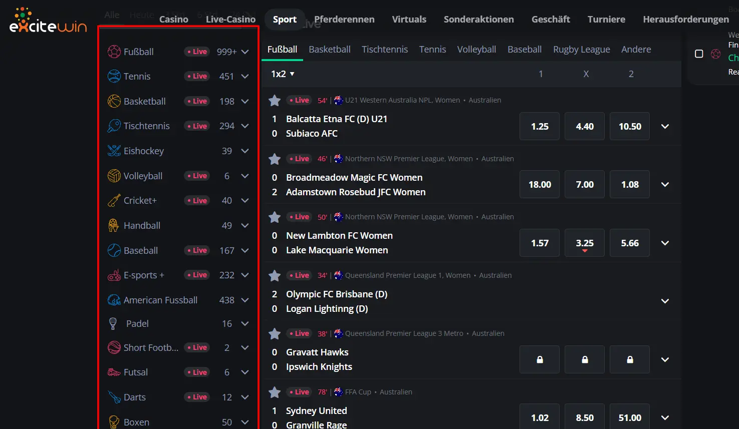 Wettprogramm für Schweizer Sportwetten beim Wettanbieter ExciteWin
