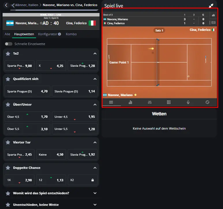 Live-Bereich mit Spielanimation beim Sportwetten Anbieter ExciteWin
