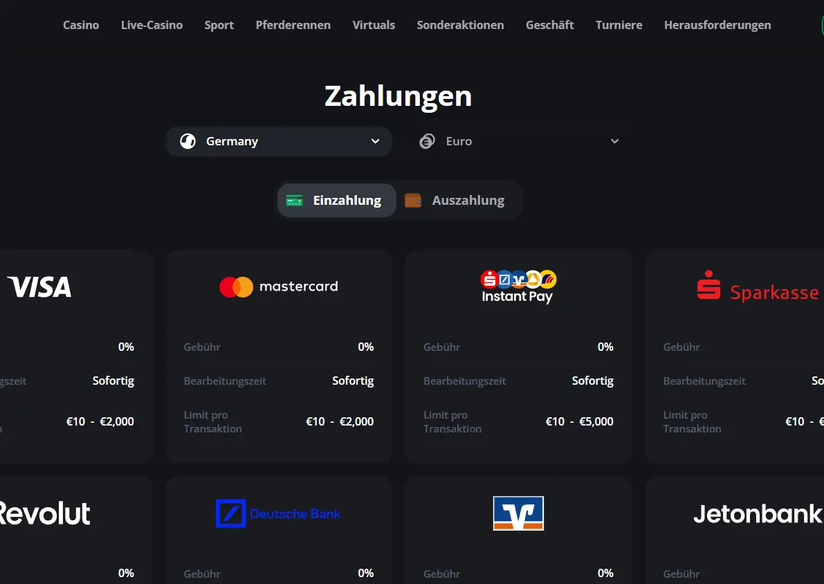 Einzahlungen auf der Website von ExciteWin, einem Wettanbieter mit Paysafecard