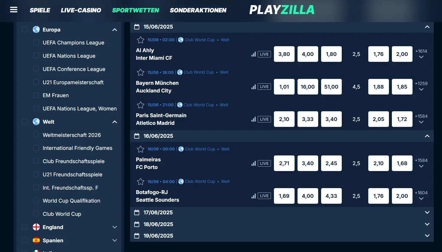 Angebot an Fußball Wetten beim Buchmacher PlayZilla