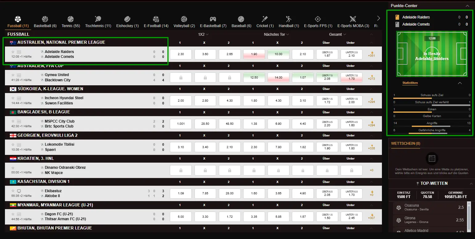 Screenshot der Konsole für Livewetten beim Bookie Legiano