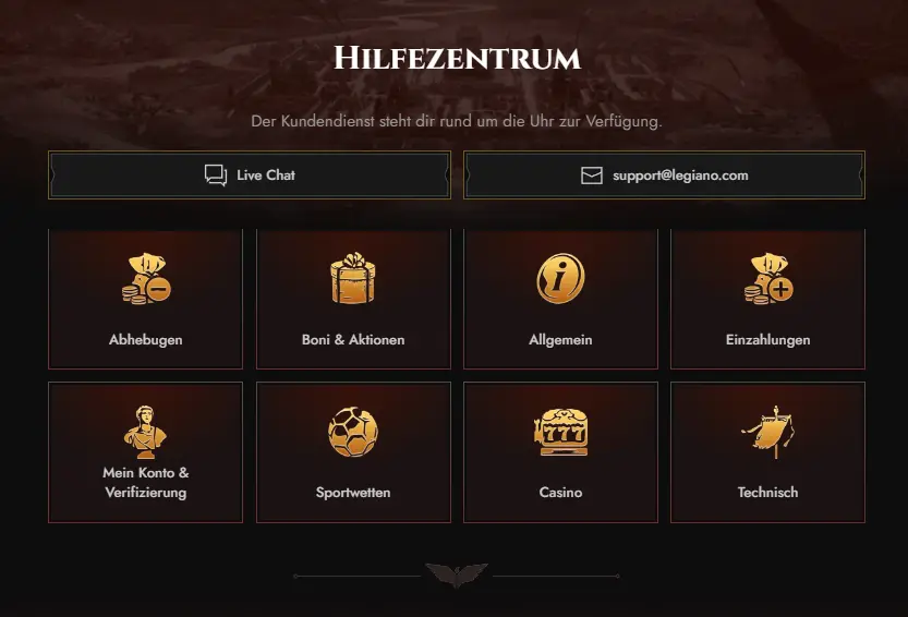 Screenshot des Hilfezentrums beim Legiano Kundendienst