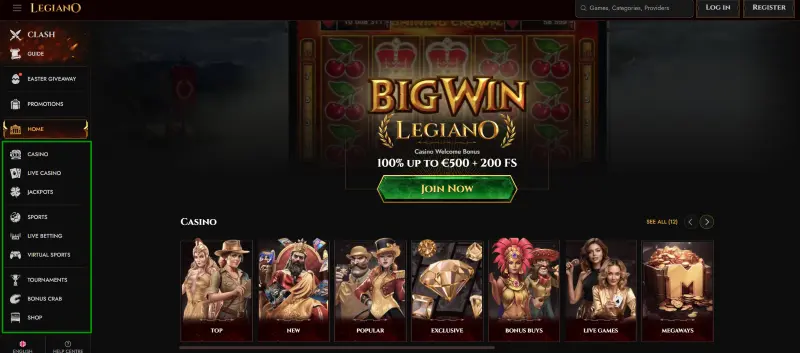 Screenshot von der Startseite des Buchmachers Legiano