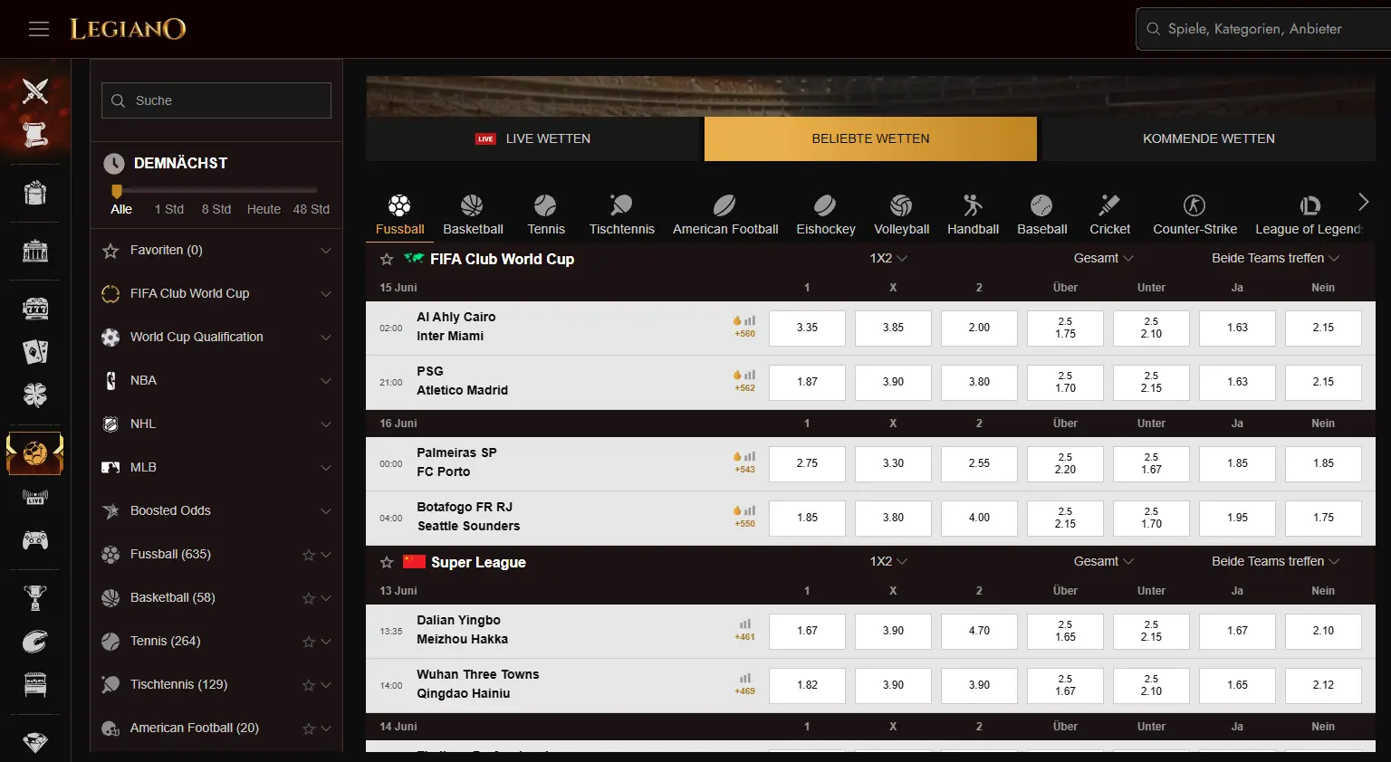 Einblick in die Website aus dem Sportwetten Vergleich beim Wettanbieter Legiano