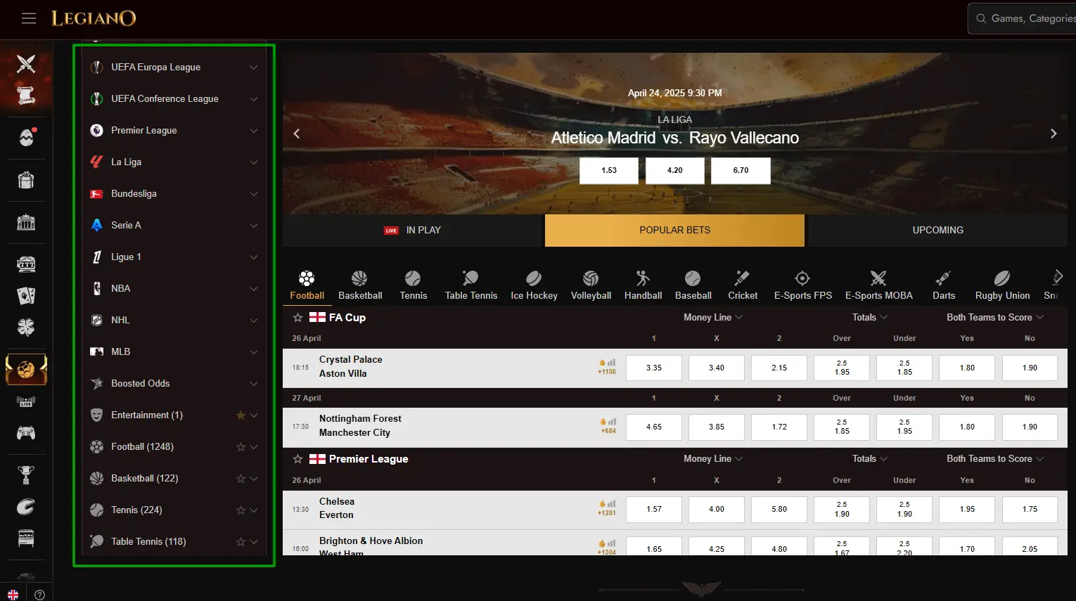 Screenshot vom Angebot für Sportwetten beim Buchmacher Legiano