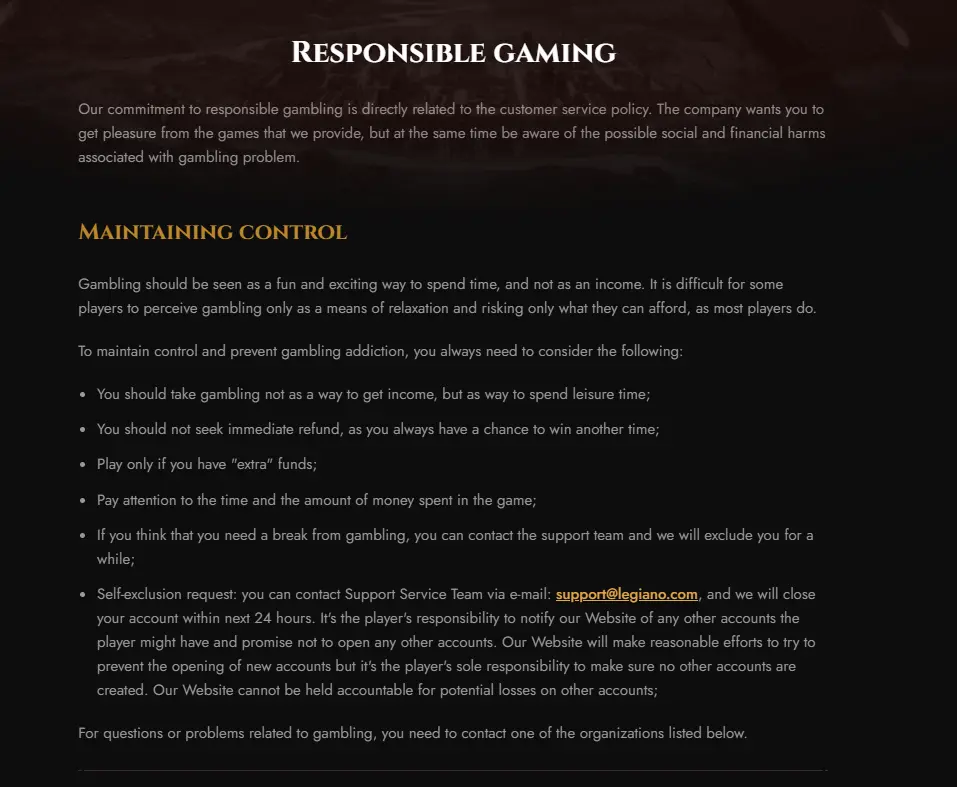 Screenshots der Tipps von Buchmacher Legiano zum verantwortungsvollen Glücksspiel
