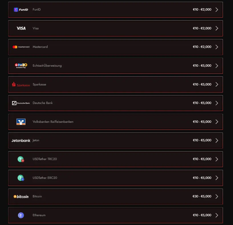 Screenshot von Bezahlmethoden beim Wettanbieter Legiano