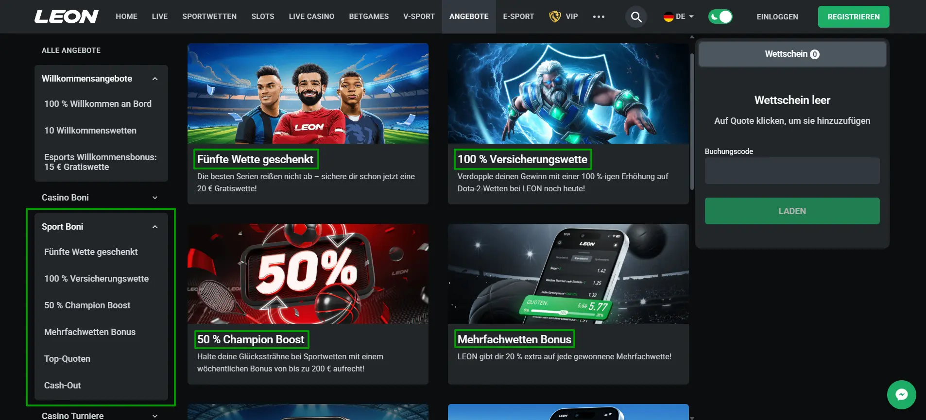 Screenshot von allen Sportwetten Boni beim Buchmacher Leonbet