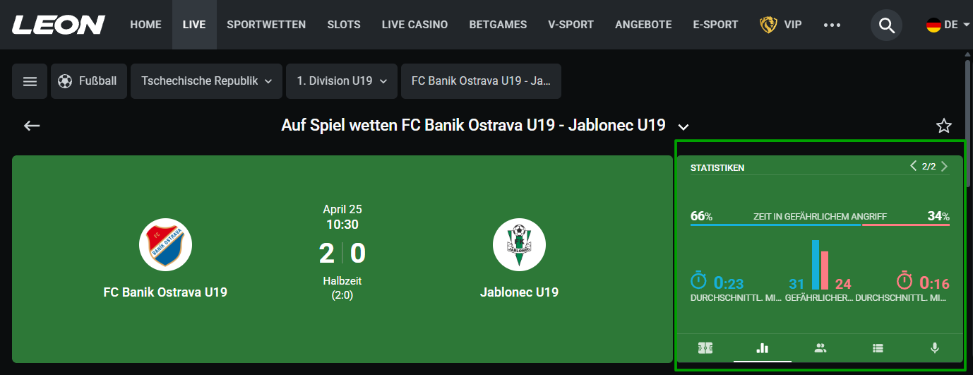 Screenshot der Konsole für Livewetten beim Wettanbieter Leonbet