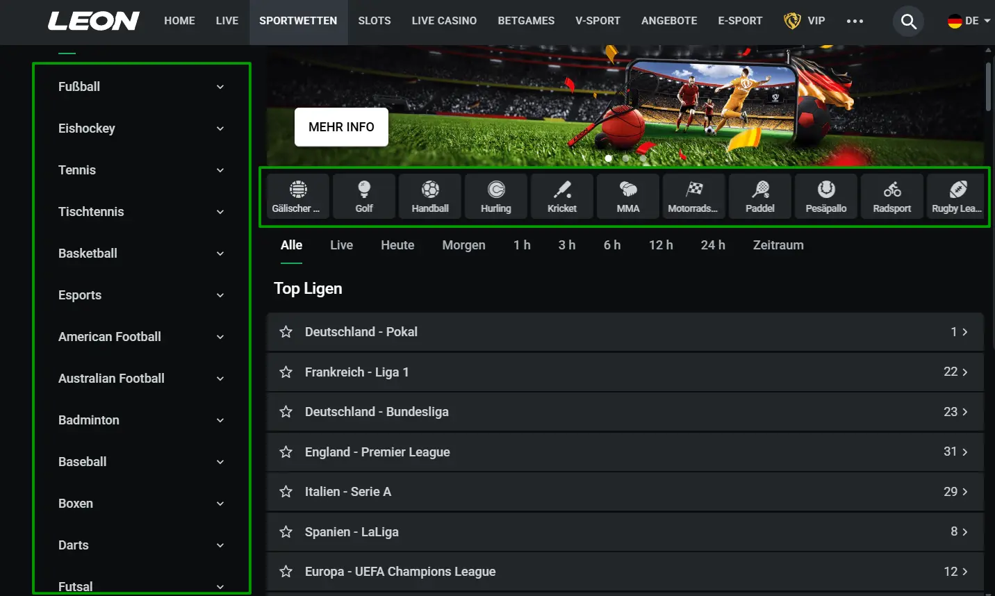 Screenshot vom Angebot für Sportwetten beim Wettanbieter Leonbet