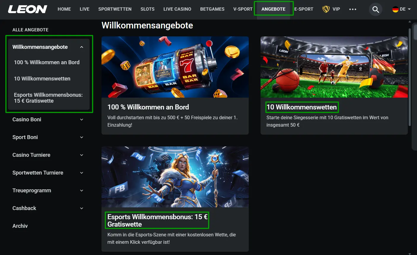 Screenshot des Willkommensbonus beim Sportwettenanbieter Leonbet