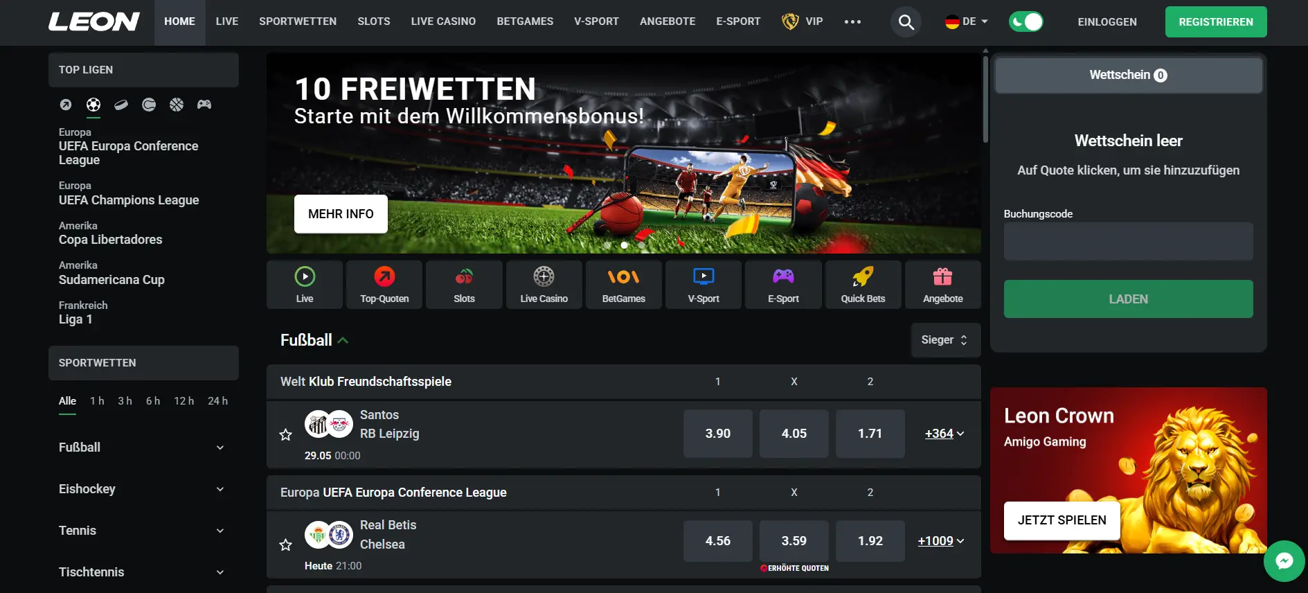 Website vom neuen Sportwettenanbieter Leonbet