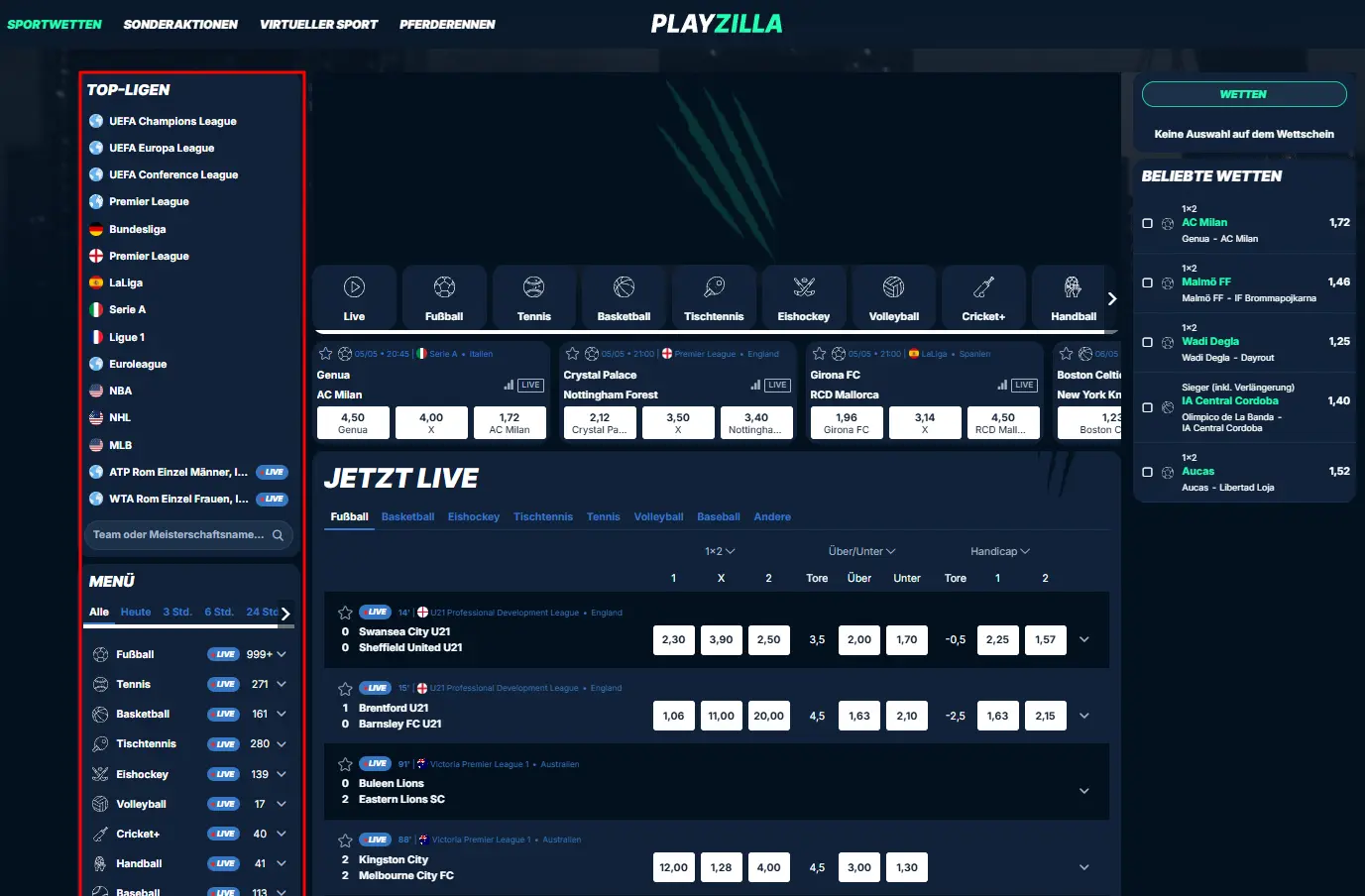 Auszug des Angebots an Sportarten für PlayZilla Sportwetten