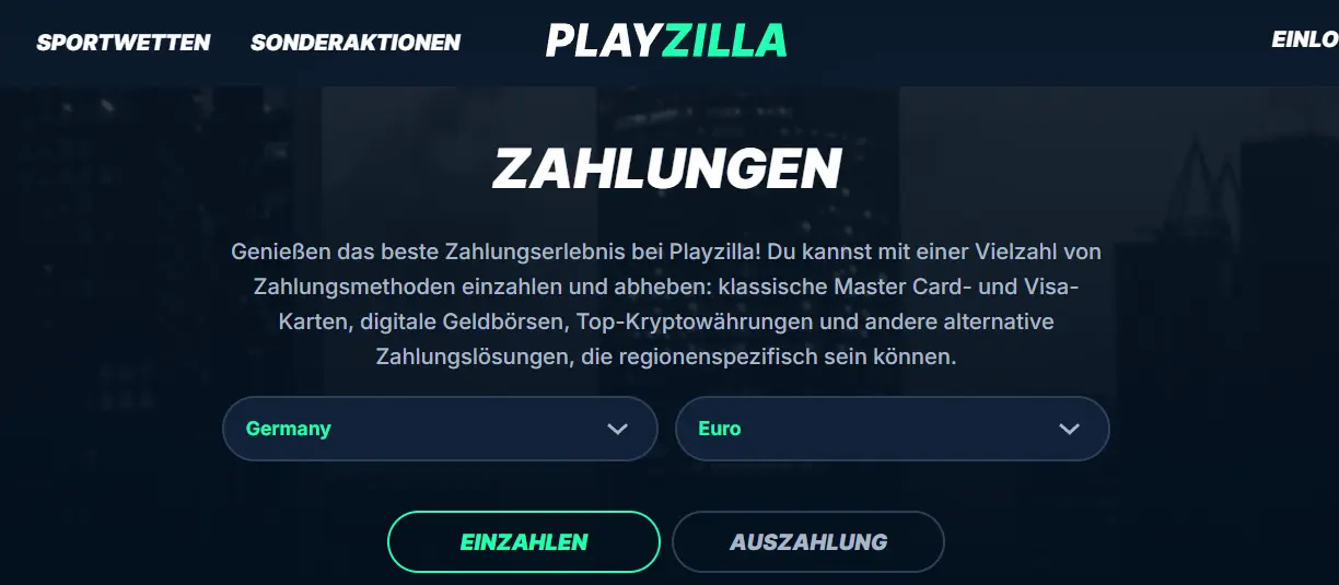 Bereich für Einzahlungen beim Paysafecard Buchmacher PlayZilla