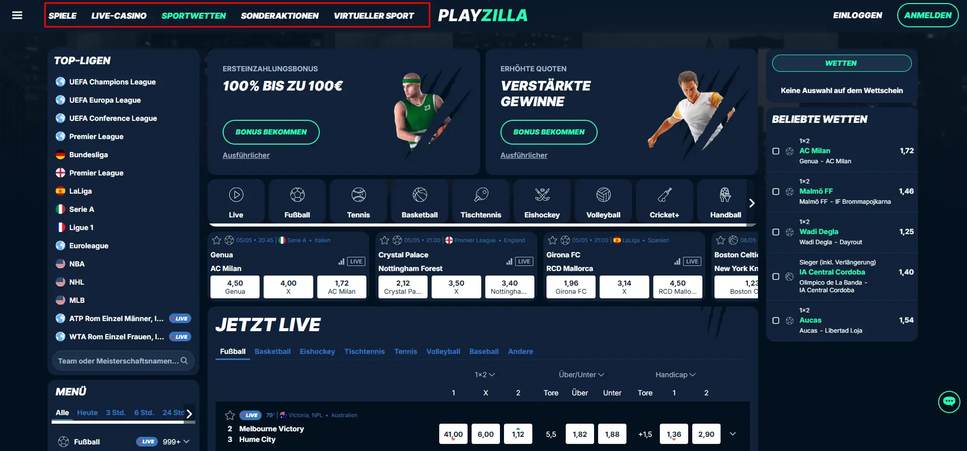Startseite des Wettanbieters PlayZilla
